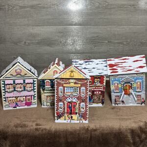 Harry London Chocolates Christmas Village Tins Empty Set Of 5 Library School Ect